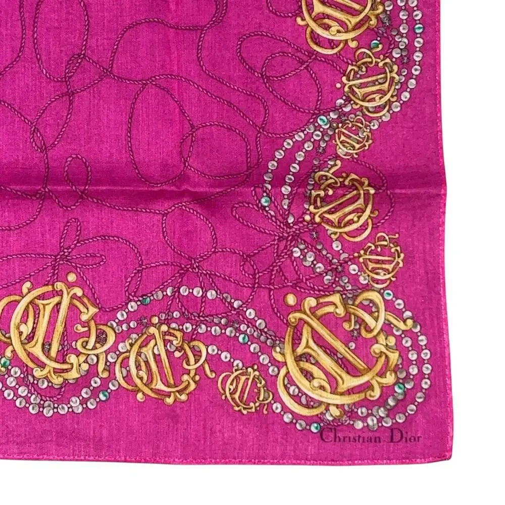 VTG Christian Dior Pink Gold Monogram Logo Pearl Pocket Square Twilly Bag Scarf